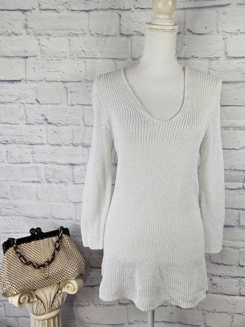 NWT Talbots Size L Petite White V-Neck Knit Long Sleeve Tunic Sweater Cotton $89
